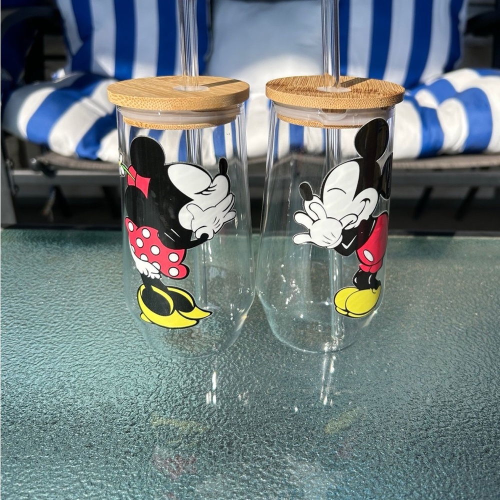 Disney Mickey and Minnie Glass Tumblers with Bamboo Lids